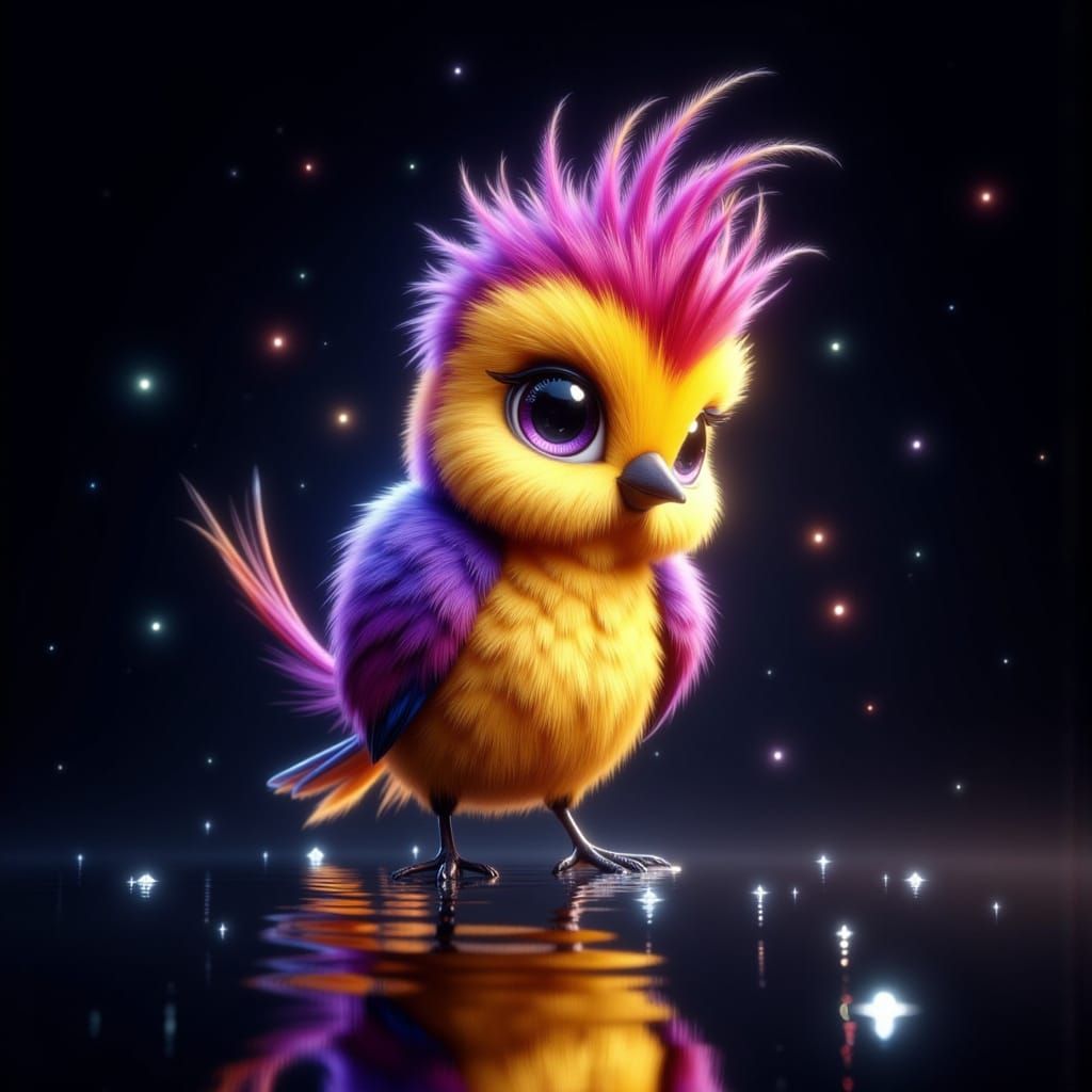 Vibrant Bird with Mohawk in Black Water Reflection