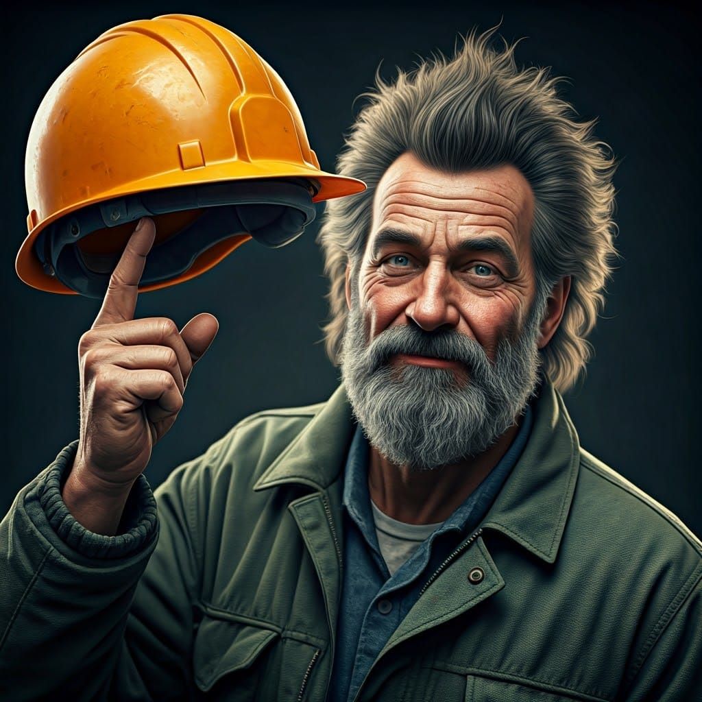 Happy Geologist Balances Helmet: Photorealistic Cinematic Po...