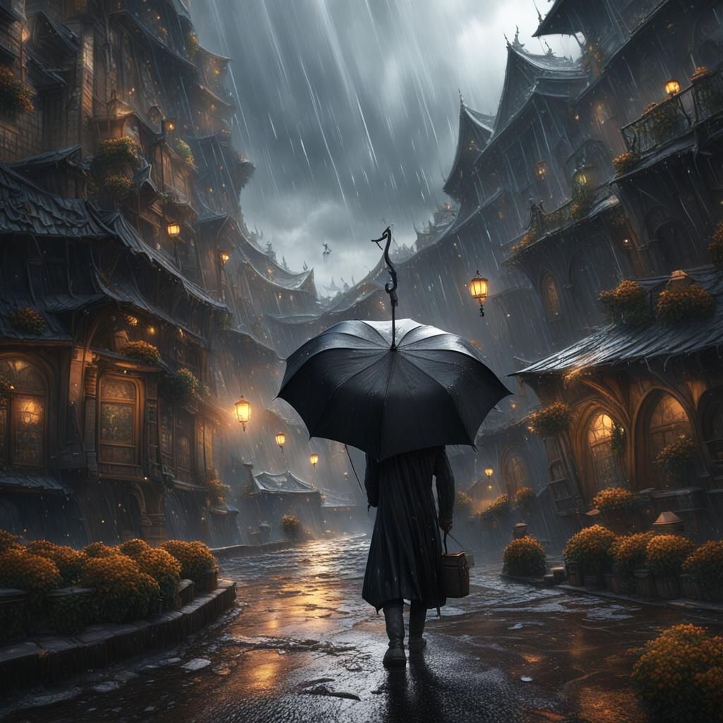 Fantastical Black Umbrella in Detailed Matte Painting