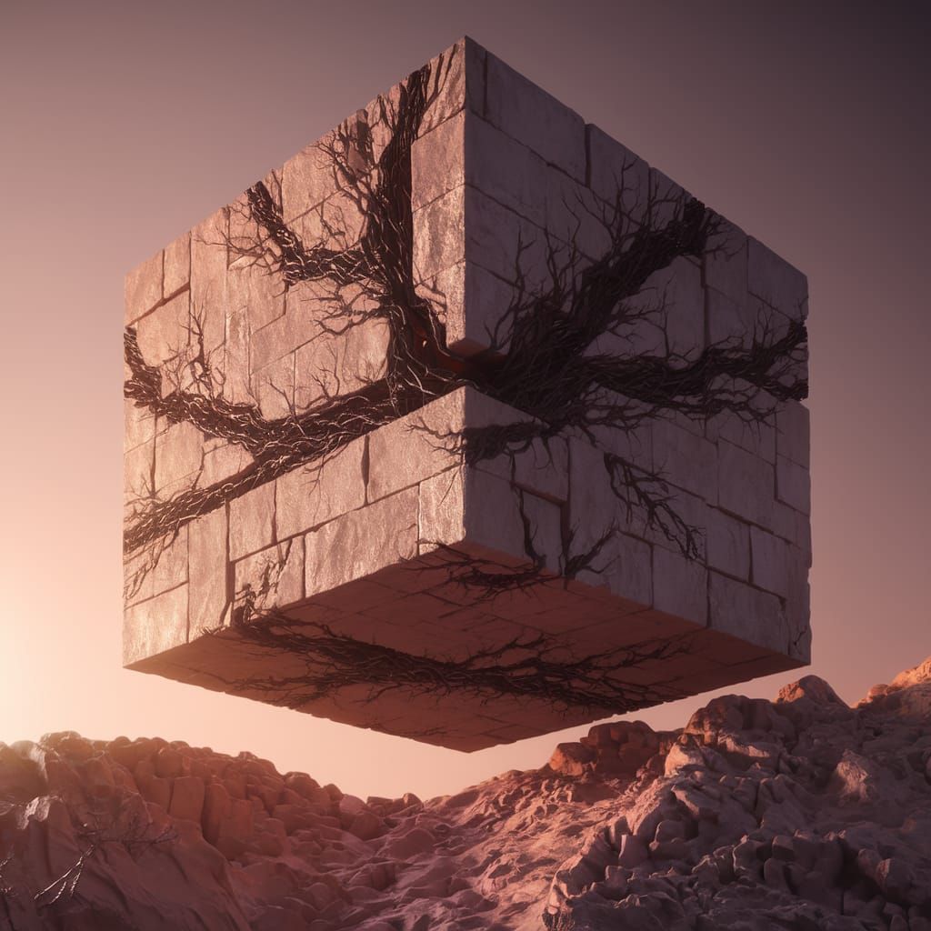 Cube-Shaped Earth in Liminal Space, Brutalist Architecture