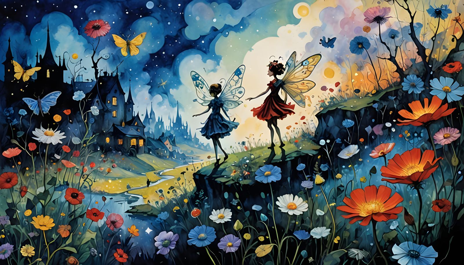 Winged Fairies in Million Dandelion Dreamscape