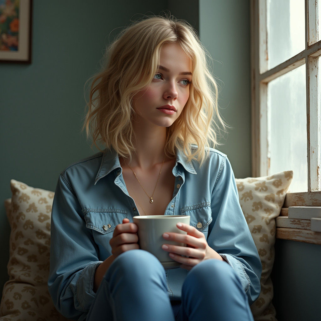 Dreamy Woman with Coffee, Detailed Matte Painting