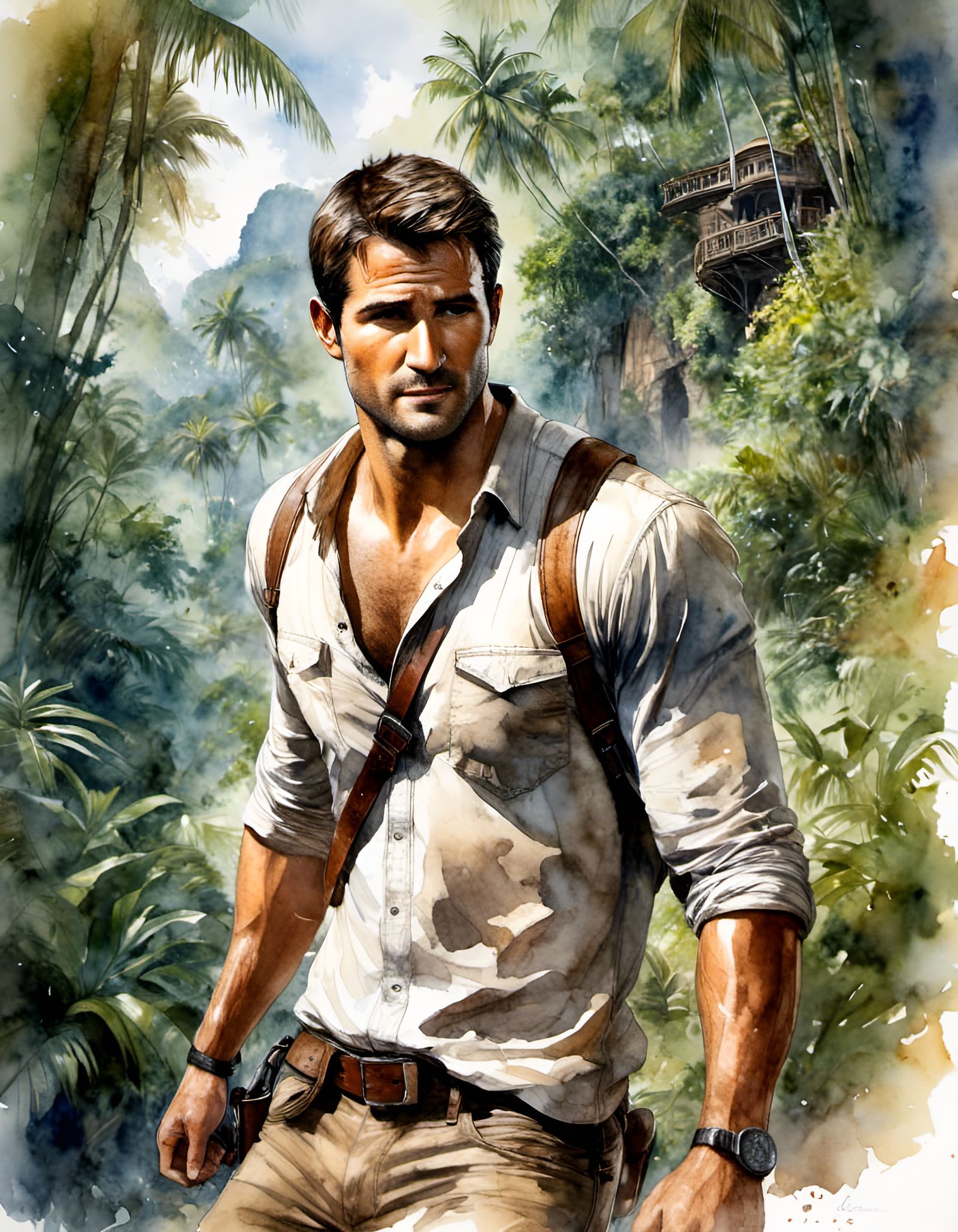Detailed Nathan Drake Portrait in Watercolor Style