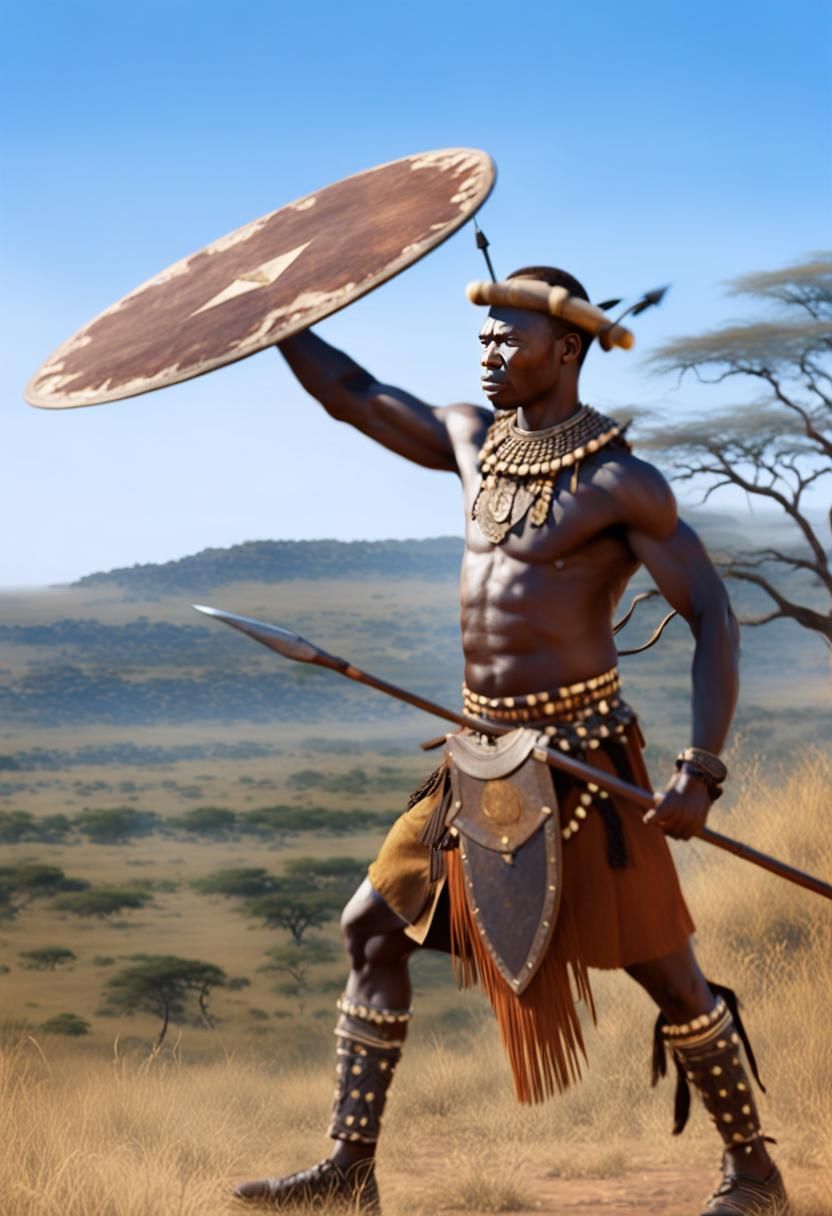 Zulu Warrior in Golden Light, Photorealistic Image