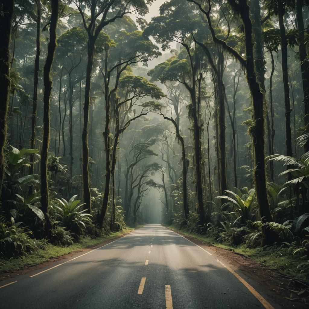 Lush Rainforest Road in Cinematic Style