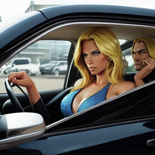 Blonde Bikini Model Driving: Comic Book Art Style