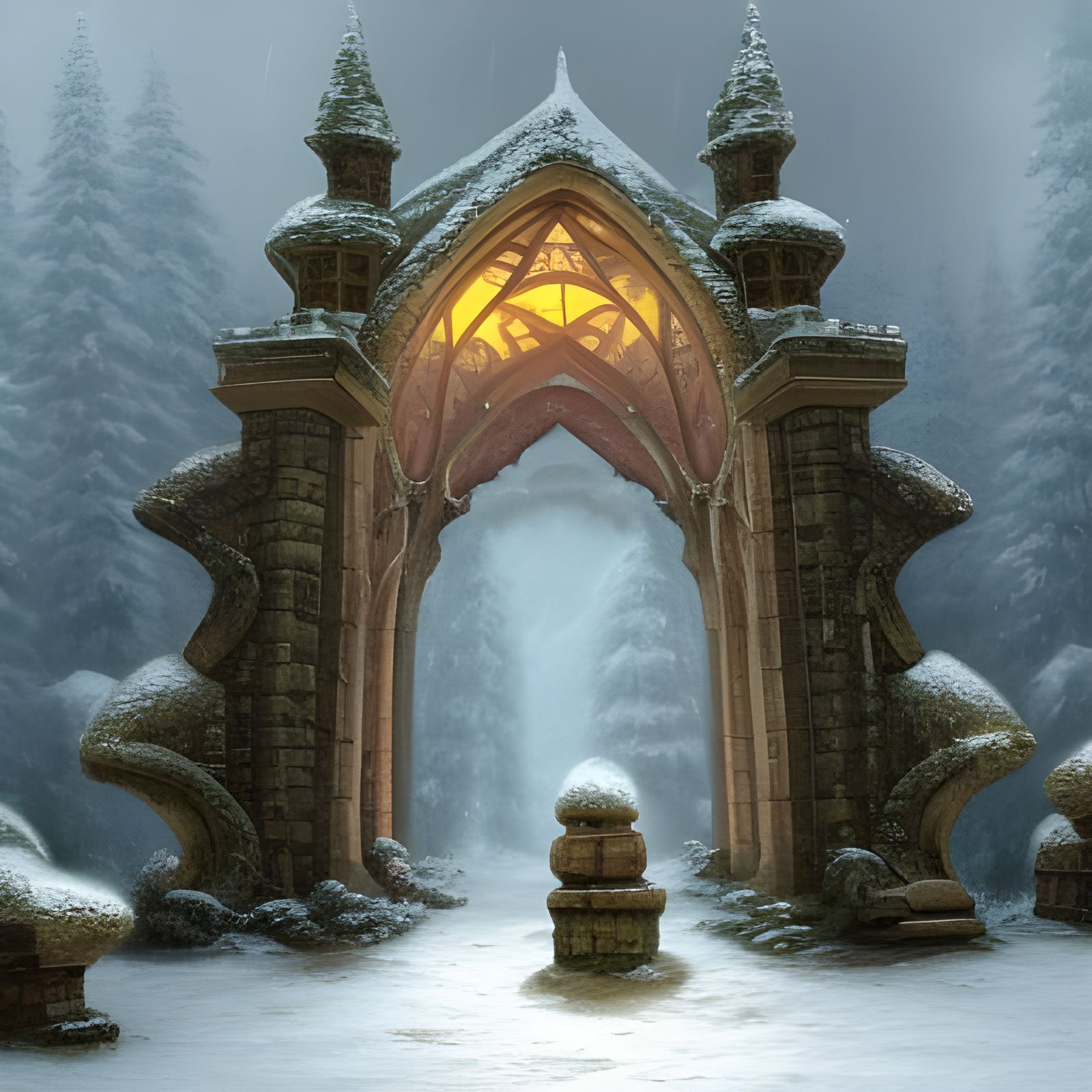 Stone Golems Guard Gothic Conservatory in Snowy Cavern