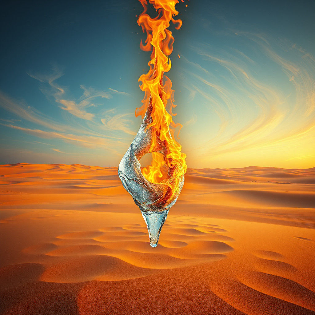 Burning Ice Drip on Golden Sand: Surreal Digital Art