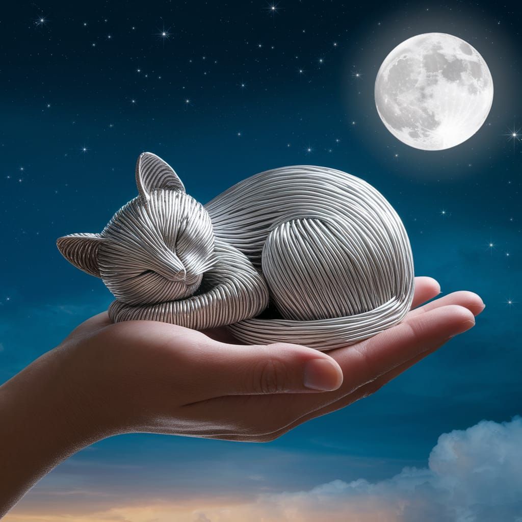 Silver Wire Cat Sculpture Under Moonlight
