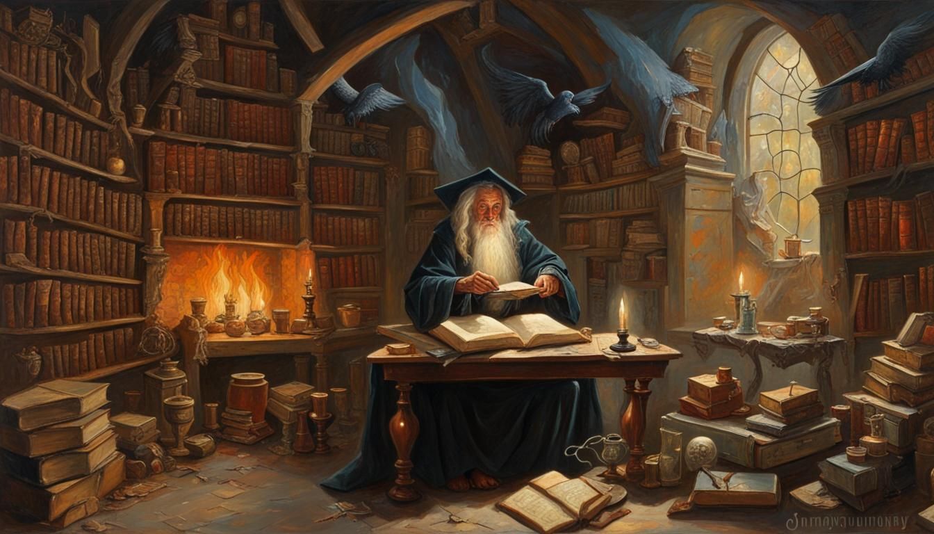 Wizard in Library Oil Painting
