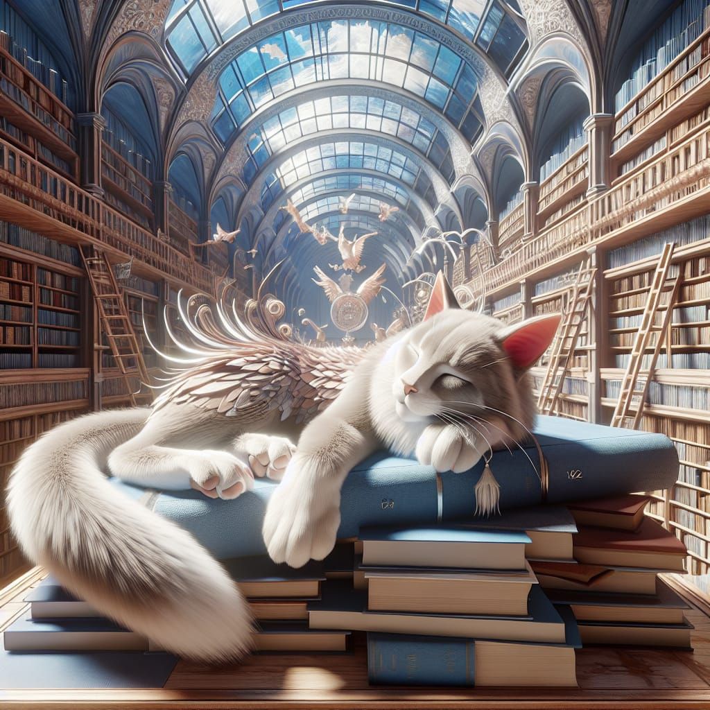 Majestic Cat Napping in Library, Detailed 3D Art