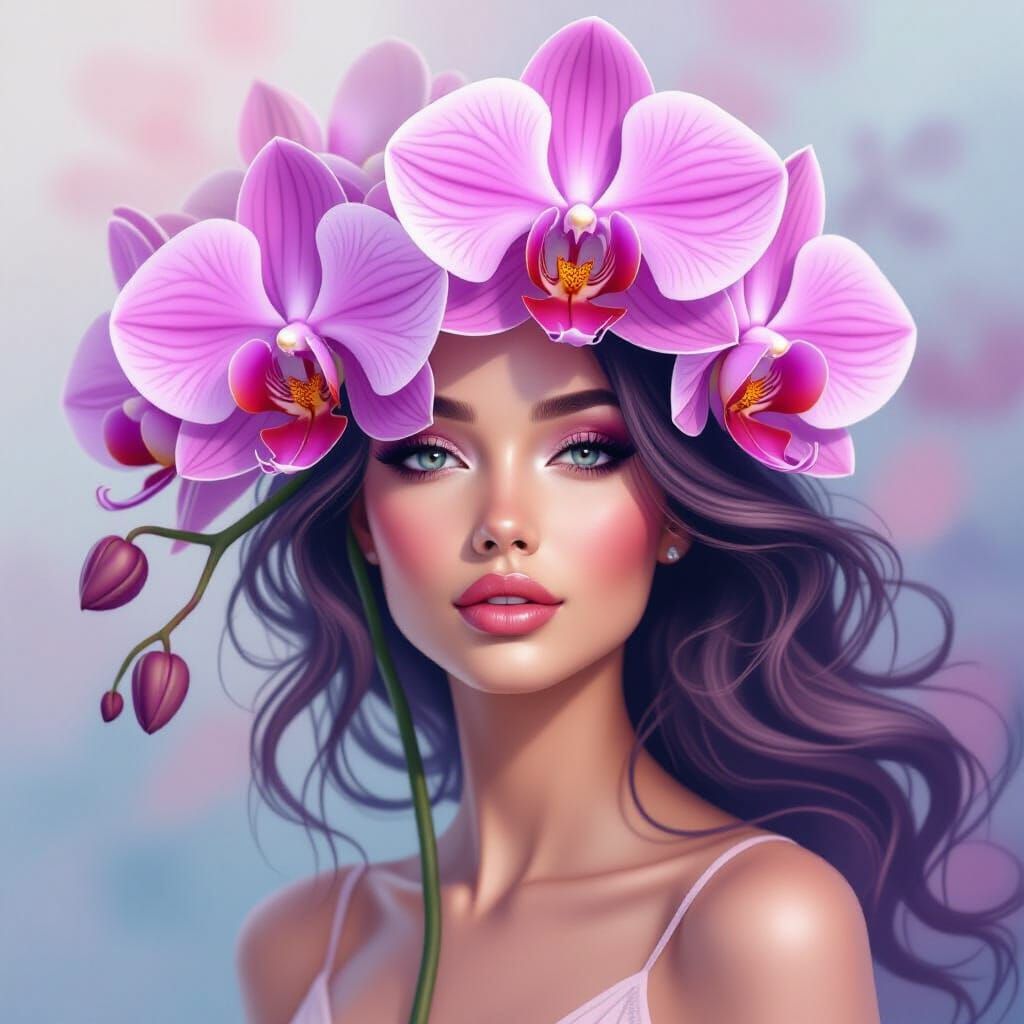 A surreal and captivating portrait of a woman seamlessly transformed into an orchid flower. Her skin is softly patterned...