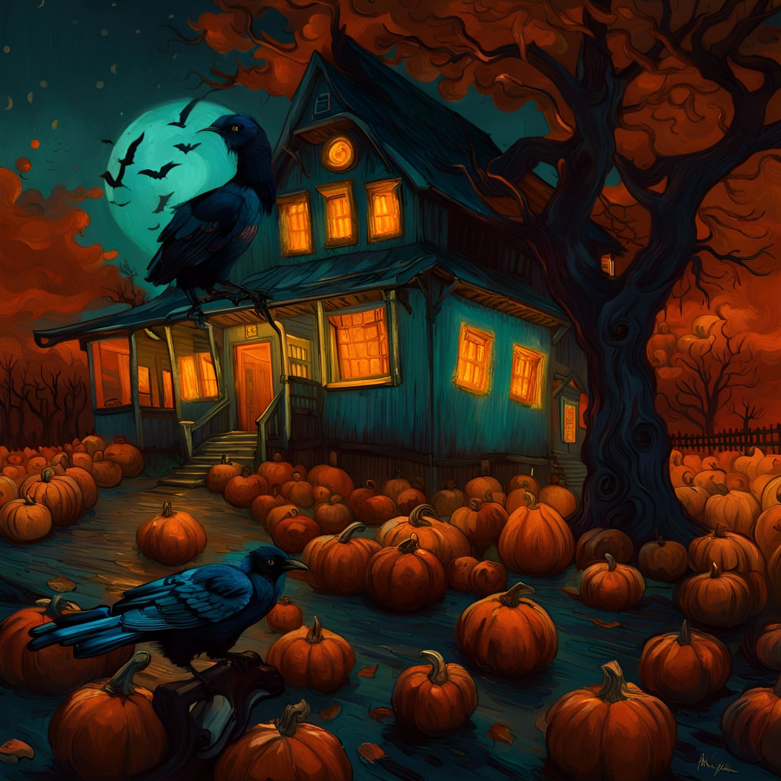 Surreal Halloween Landscape in Van Gogh Style