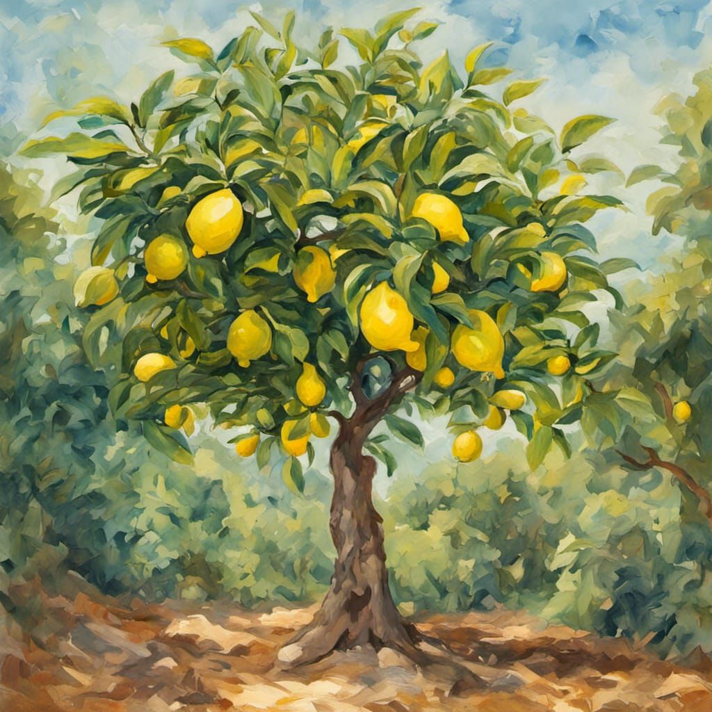 Lemon Tree: Gouache and Watercolor Impressionist Painting