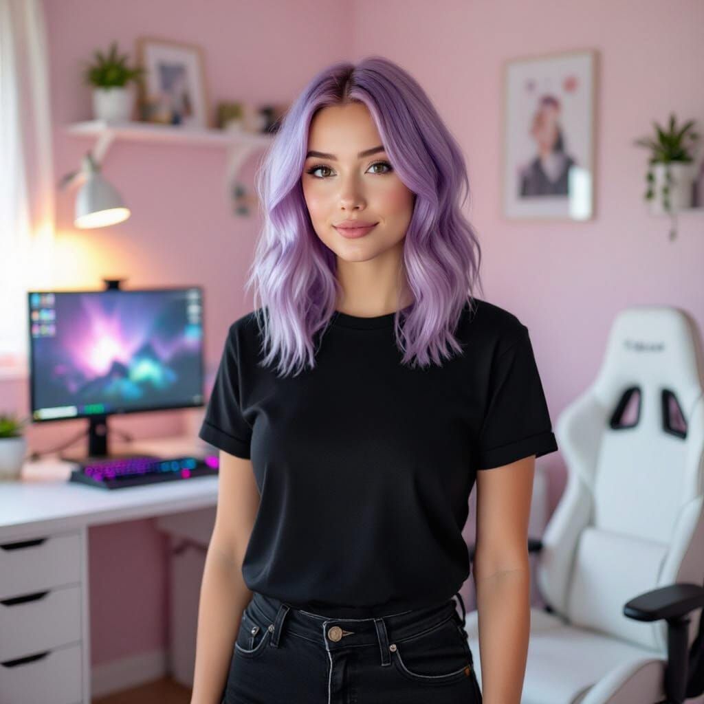 Young Woman With Purple Hair in Pink Bedroom