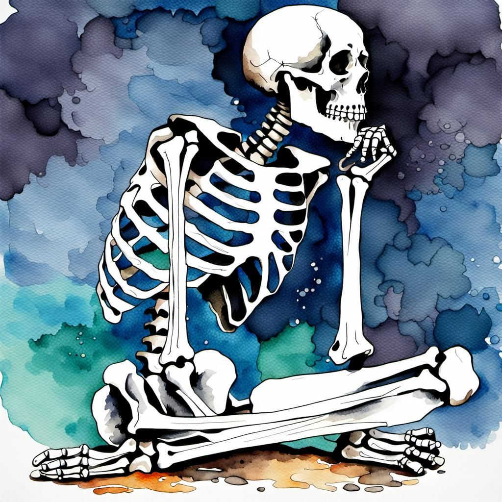 Pensive Skeleton in Watercolor Style