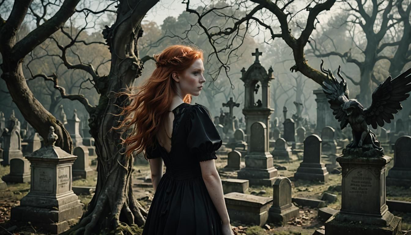 Redhead in Dark Forest Cemetery: Professional Photography