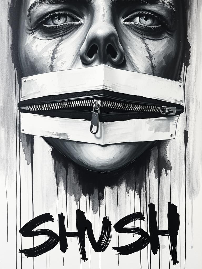 Surreal Zipper Mouth Portrait in Messy Acrylic Style