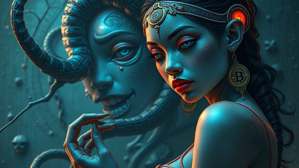 Vibrant Assamese Goddesses Embracing Bitcoin in a Futuristic...