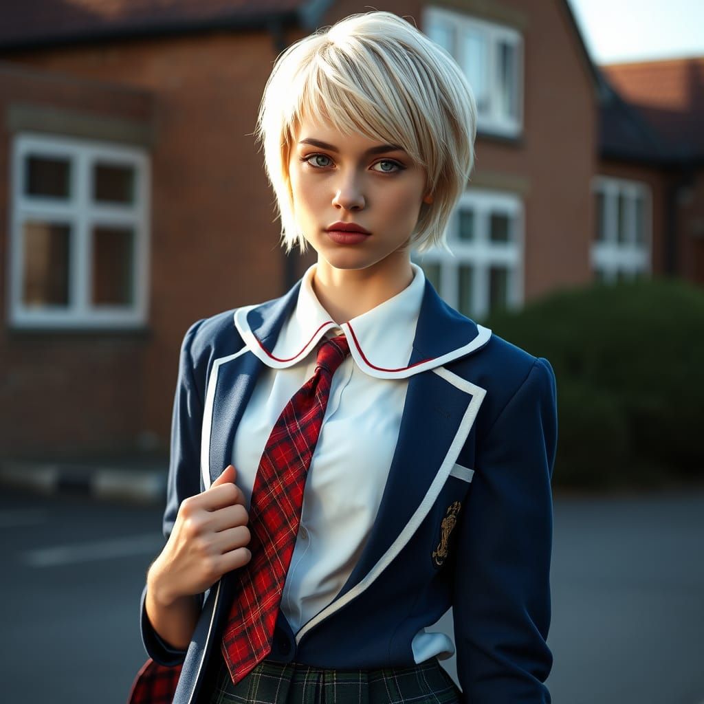 Elegant Androgynous Model in English School Uniform