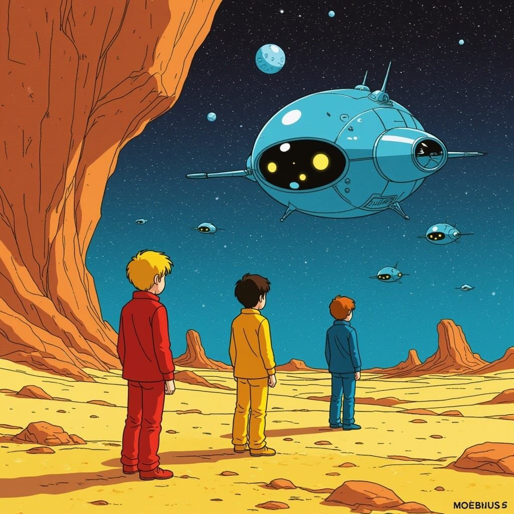 Moebius-Style Illustration of Perilous Situation for Three B...