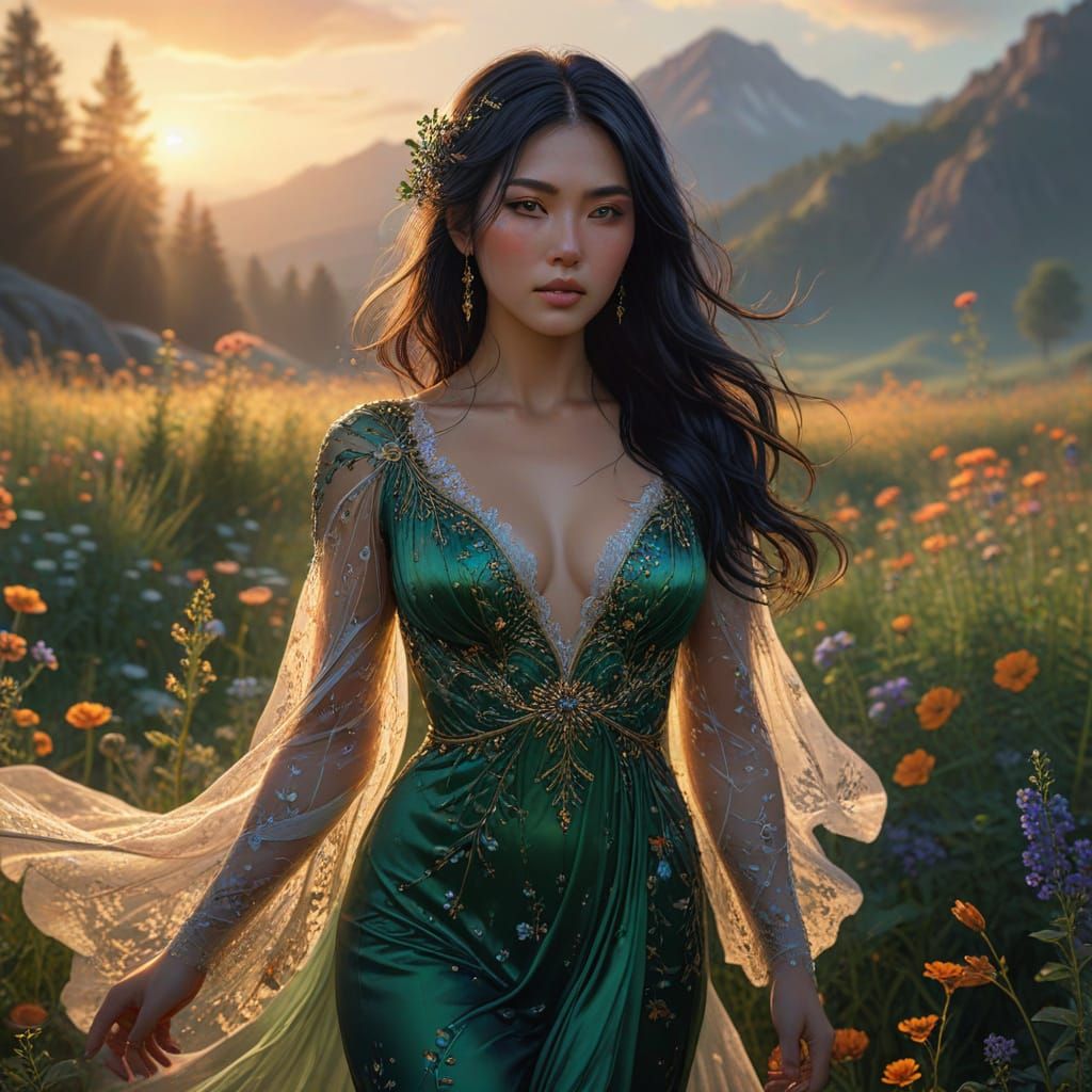 Japanese Woman in Wildflower Field at Dawn - Concept Art