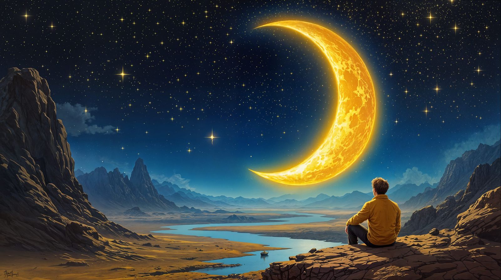 Golden Crescent Moonlit Desert Landscape in Impressionistic ...