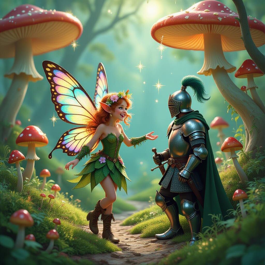 Pixie Leads Knight Through Bioluminescent Mushroom Labyrinth
