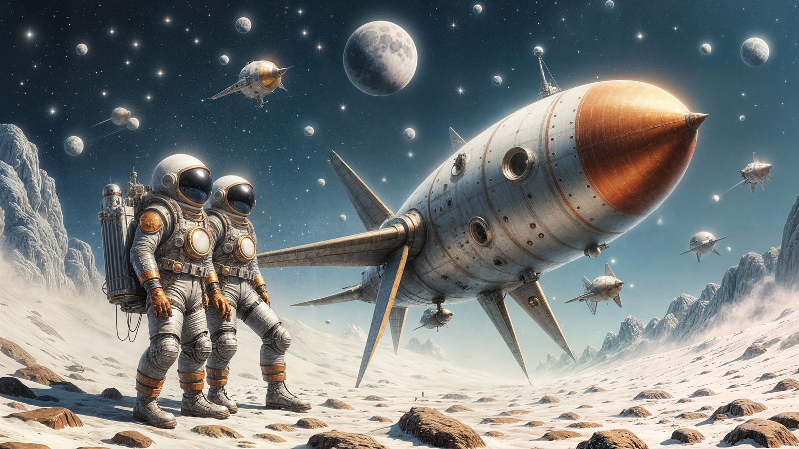 Steampunk Lunar Landscape with Snowstorm