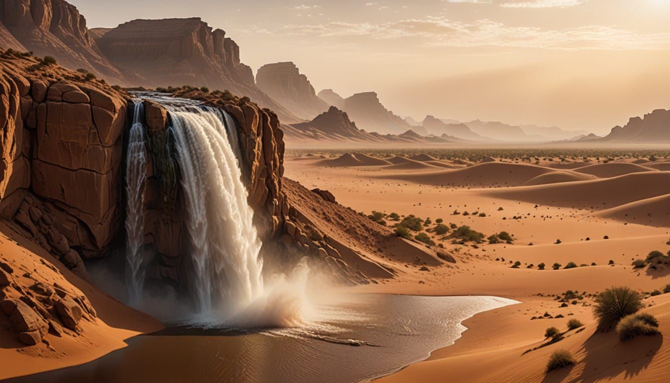 Sahara Desert Waterfall in Golden Sunlight