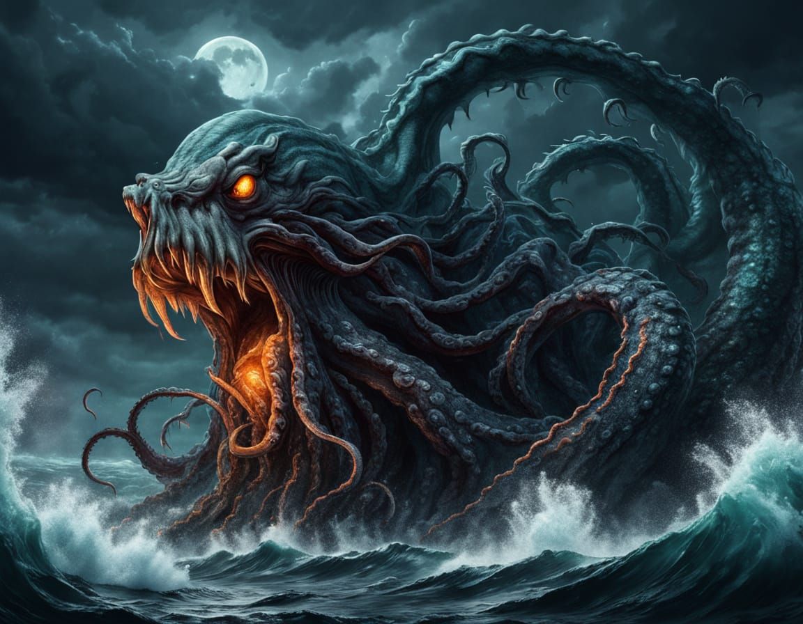 Gustave Doré-Inspired Dark Fantasy Kraken Emerge from Stormy...