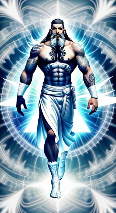 Muscular Man with Tattoo in Abstract Fractal Style