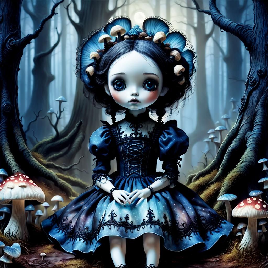 Gothic Doll in Eerie Forest, Dark Art