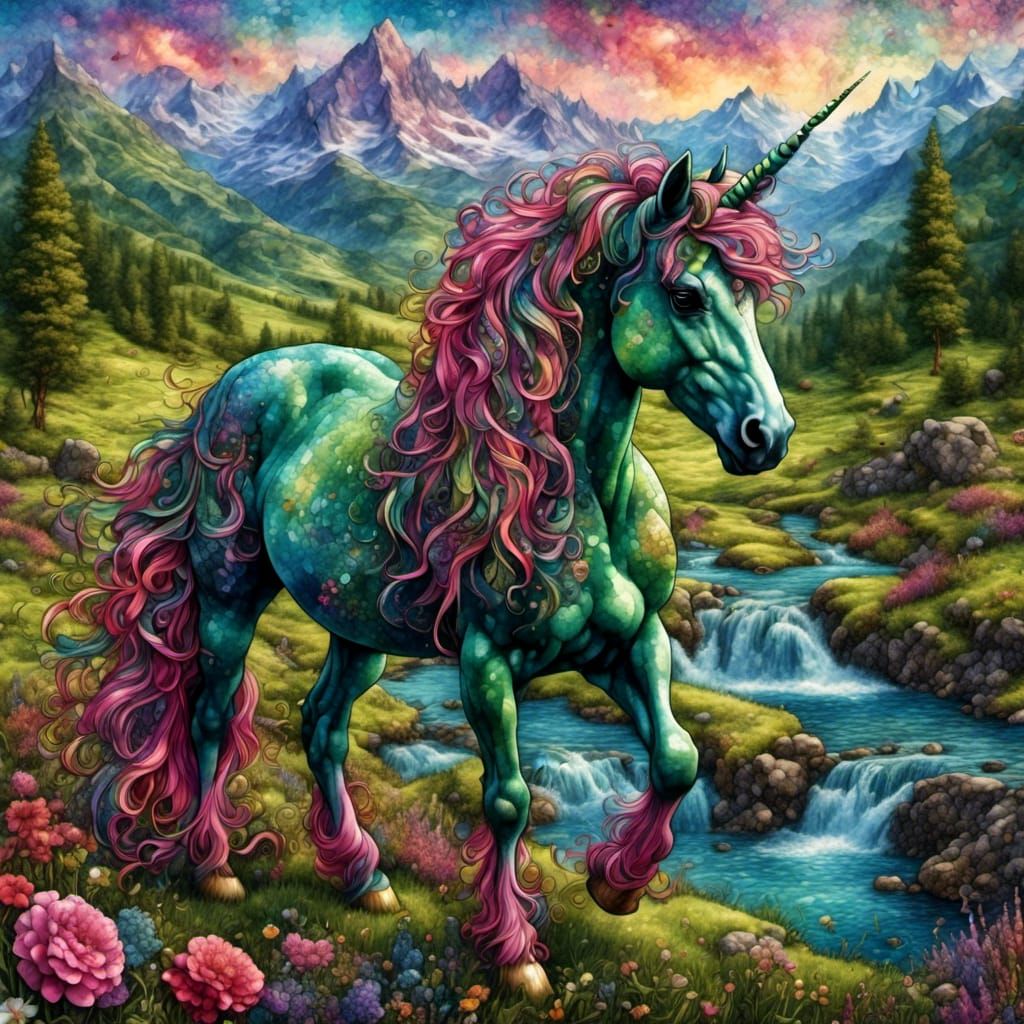 Enigmatic Unicorn in Green Meadow: Hyperrealistic