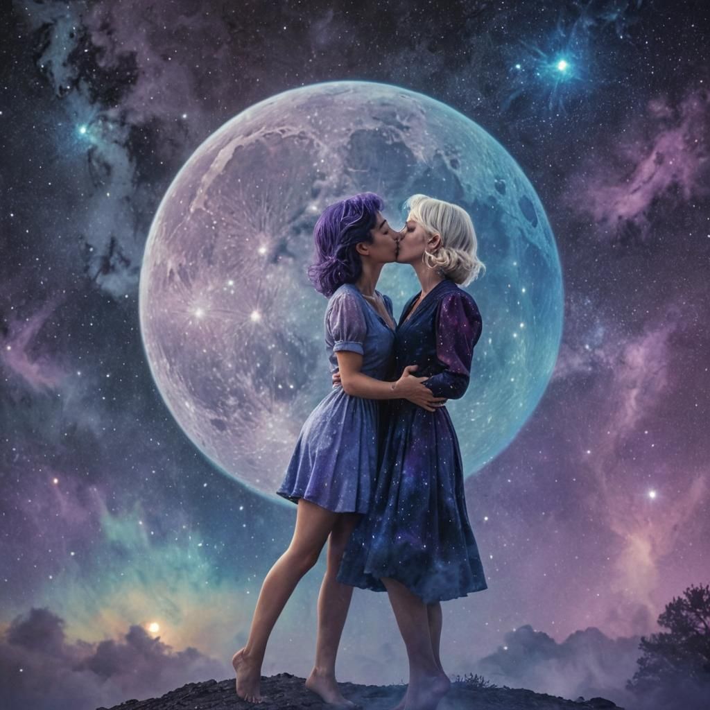 Kissing Women Under Galactic Sky: Mixed Media Illustration