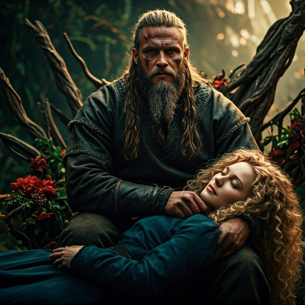 Viking Warrior with Blonde Woman in Forest Grove