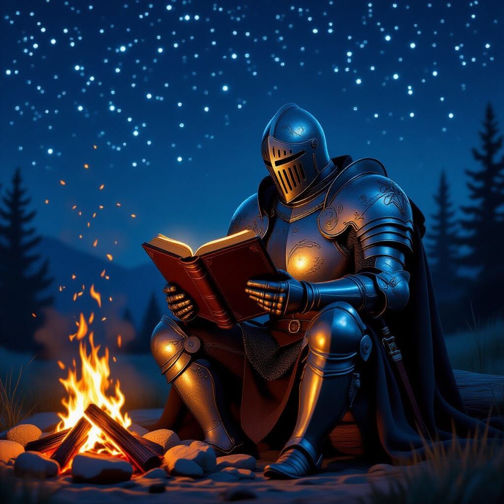 Knight by Campfire Reading Ancient Book