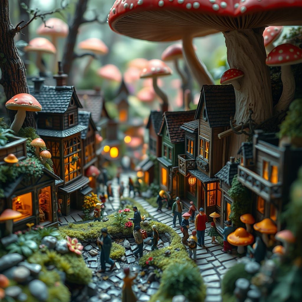 Miniature Mushroom City with Tiny People