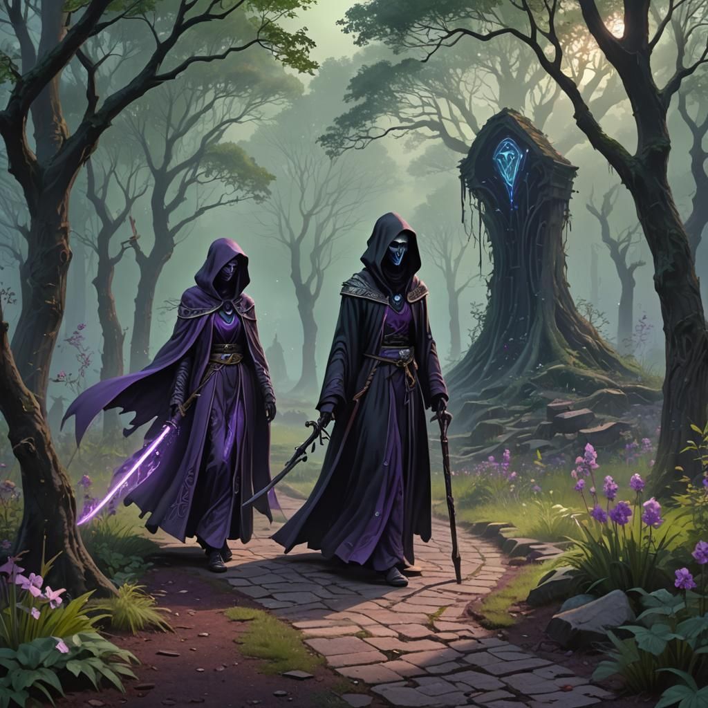 The female celestial Grim Reaper and hee purple diamond glowing and imbued scythe looking out waiting and walking the fo...