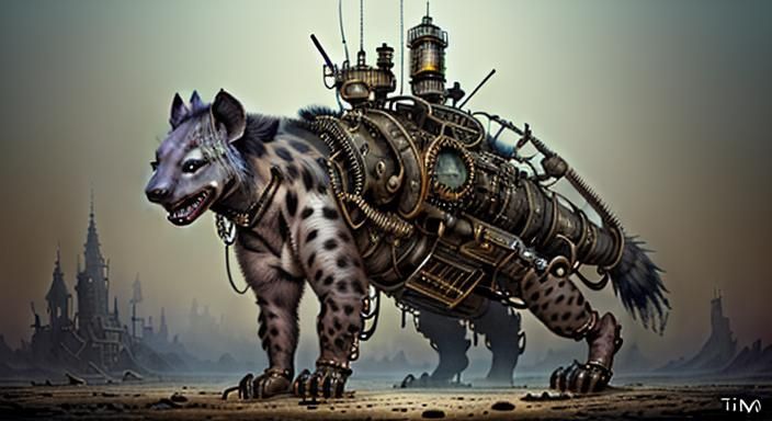 Steampunk Hyena in Savannah: Silver Ink and Watercolor