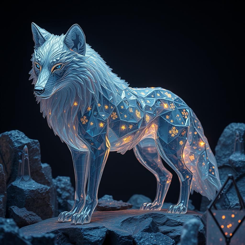 Majestic Glass Wolf in Dreamlike Landscape