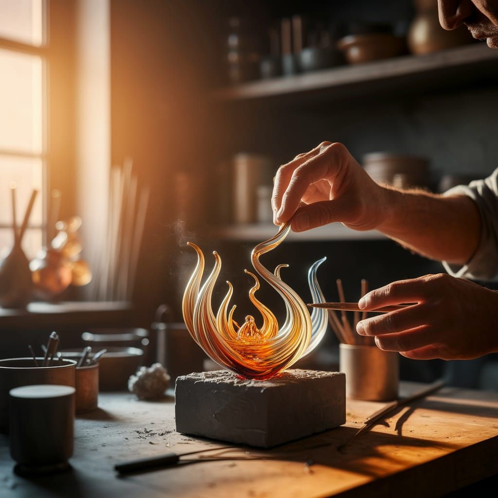Artisan Hands Crafting Glass Sculpture in Golden Light