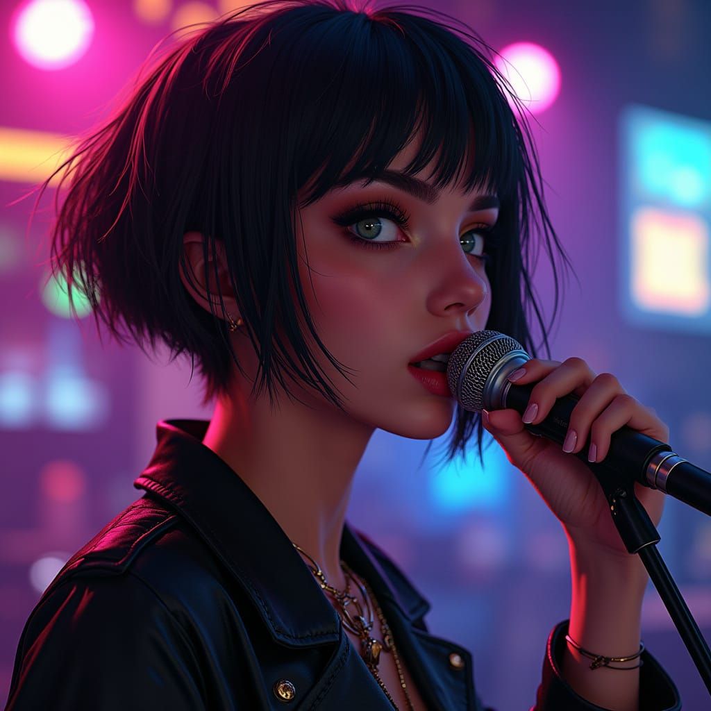 Expressive Singer Performing in Bar, Abstract Cosmonaut Styl...