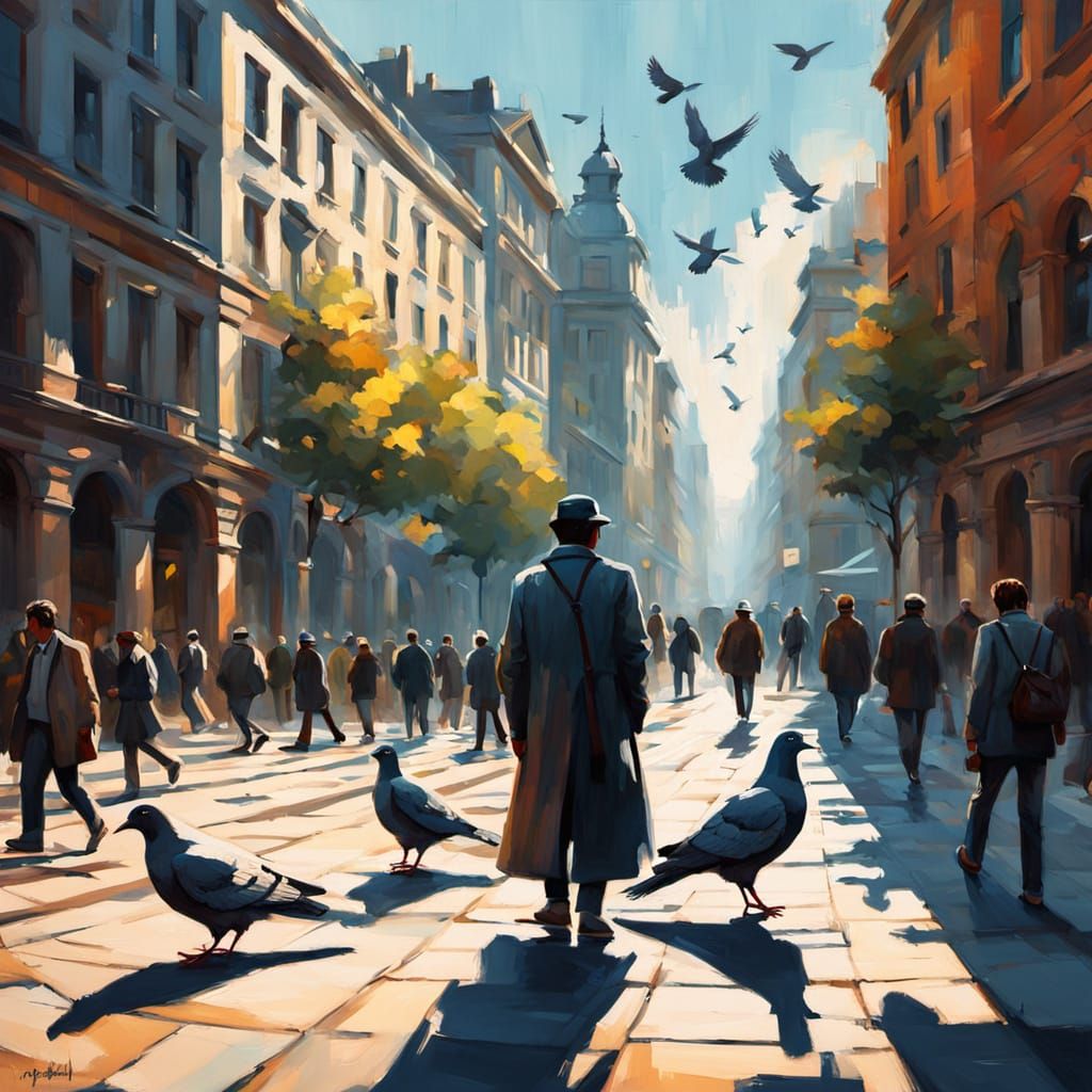Vibrant Urban Art: Pigeons and Statues in Warm Afternoon Lig...