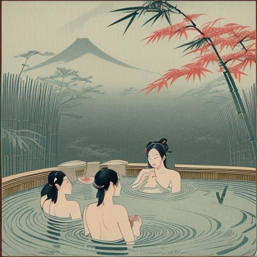Ukiyo-e Style Women Bathing in Hot Spring