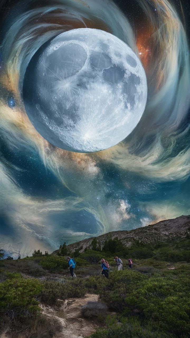 Giant Moon Over Hikers, Impressionist Celestial Art