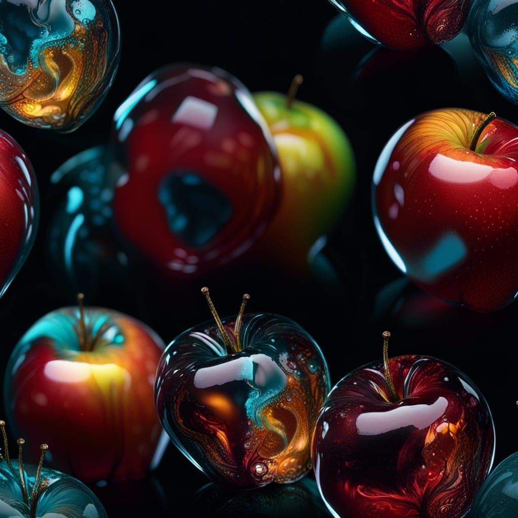 Hyperrealistic Glowing Glass Apple in Dark Setting