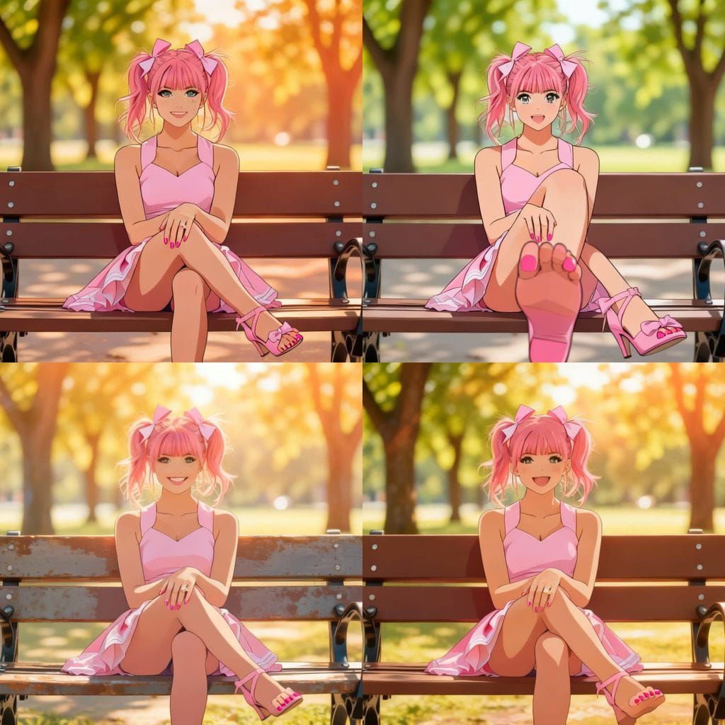 Pink Haired Cheerleader on Park Bench, Feet Focus