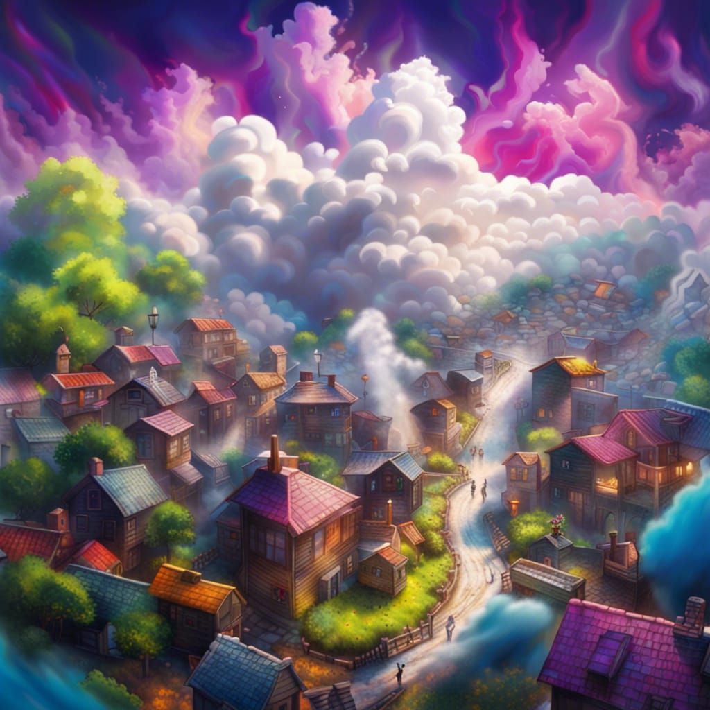 Detailed Village in Clouds: Digital Graffiti Art