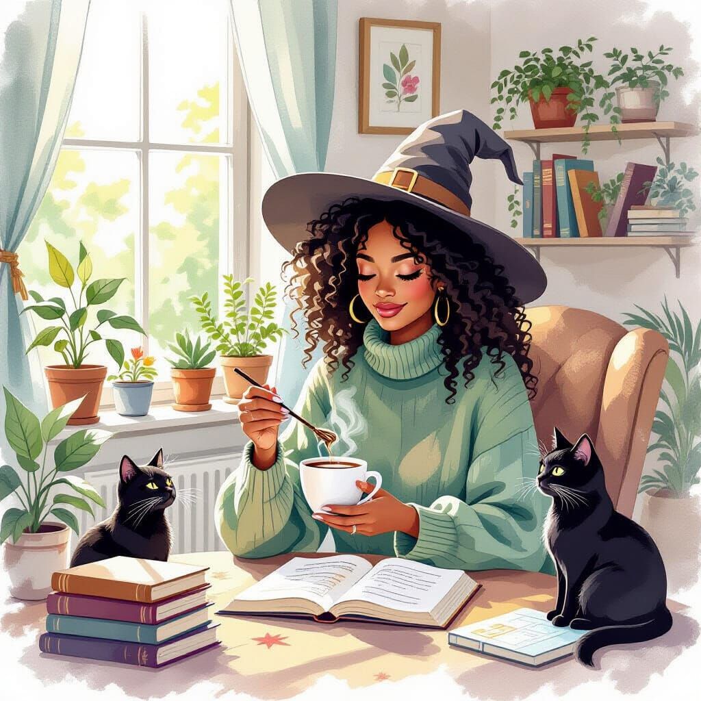 Cozy Apartment Witch with Coffee and Wand